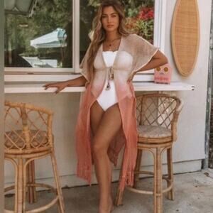 Z&L Woman's Crochet Beach Cover Up One Size Tan & Pink Ombre
